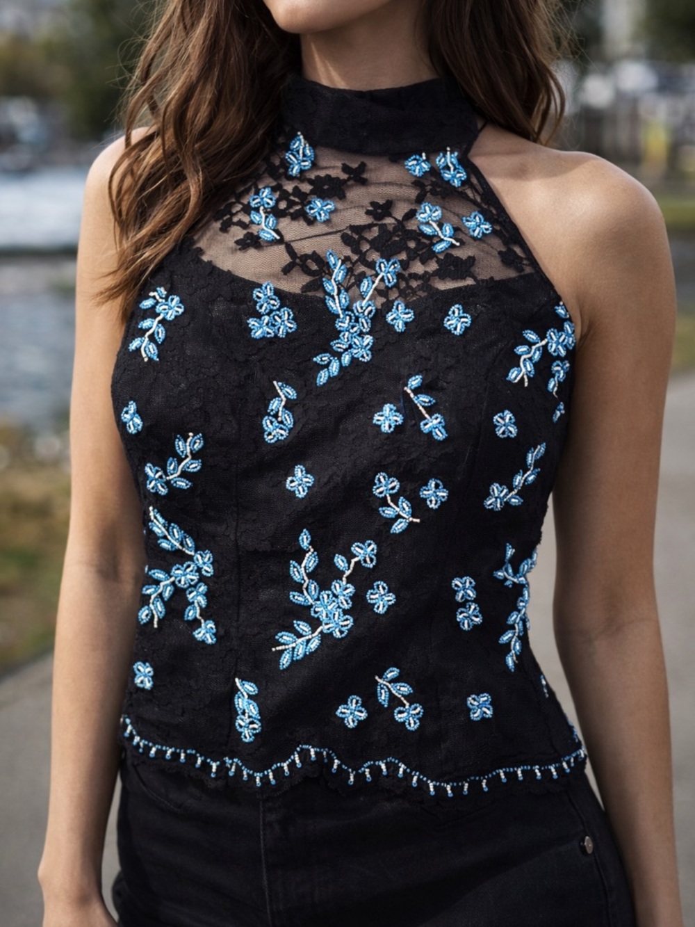 Black Lace Halter Top Blue Embroidered Sheer Y2K Going Out Beaded Statement